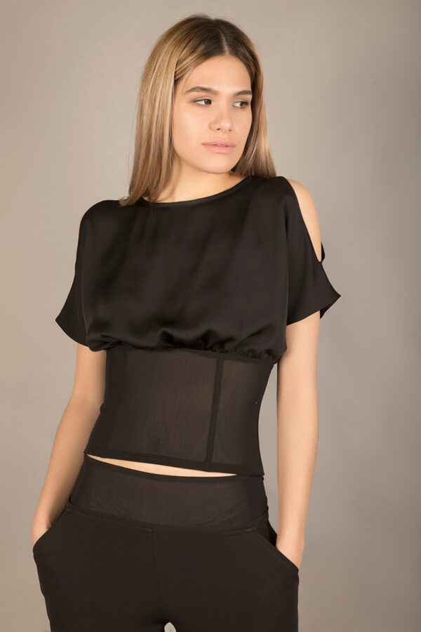 Short-sleeved satin blouse with shoulder opening