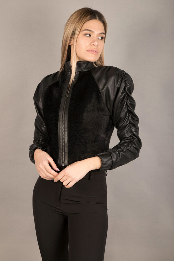 Short fur jacket with leather sleeves