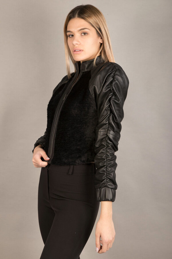 Short fur jacket with leather sleeves