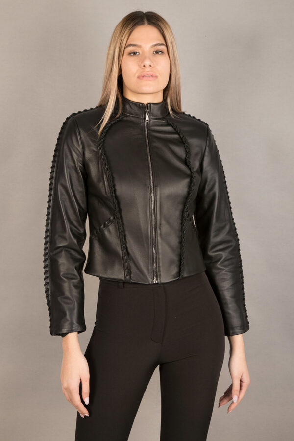 Short leather jacket with decorative cord